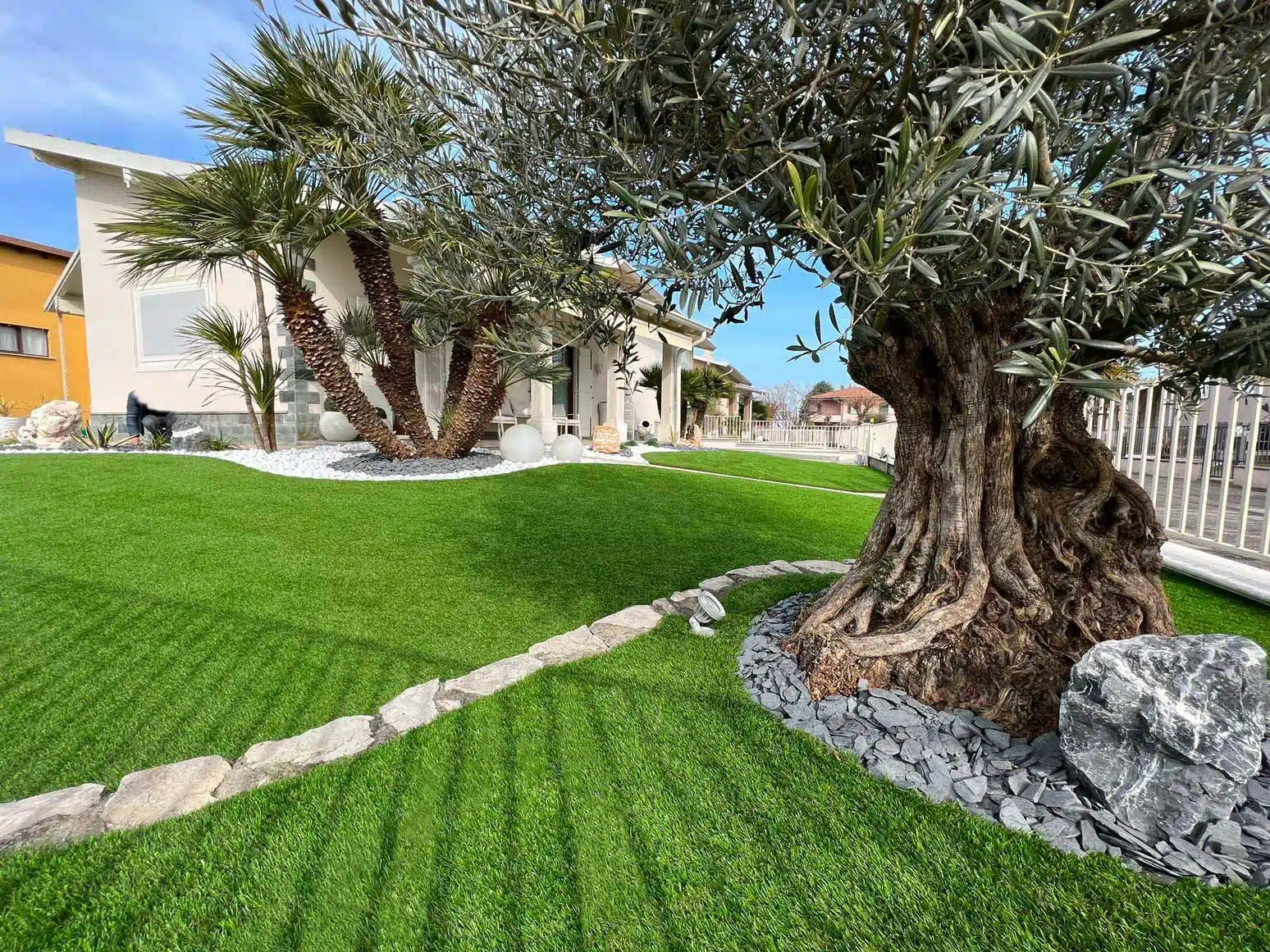 Giardino con ulivo e prato sintetico